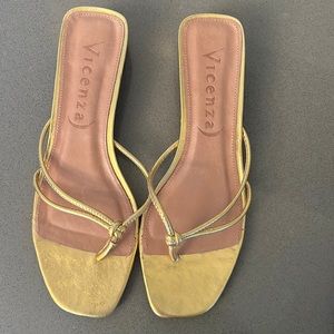 Vincenza Gold foil low heeled sandals. Never worn! Size 10